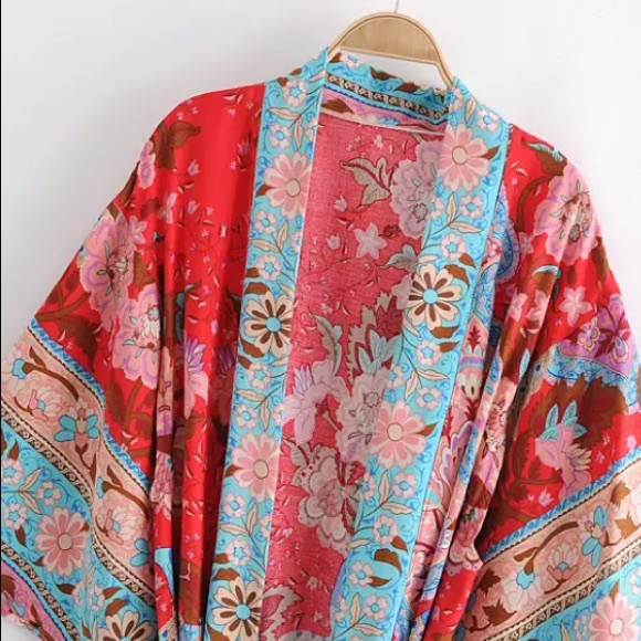 SOLD OUT Bohemian Red Peacock Floral Gypsy Kimono Long Maxi Coverup Duster Robe - Picture 3 of 11